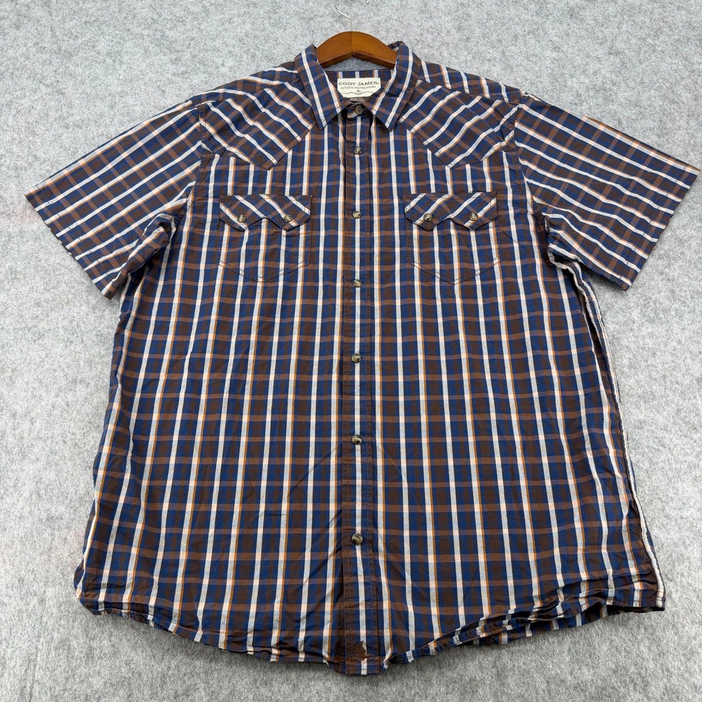 Cody James Mens XL Western Plaid Short Sleeve Pearl Snap Button Down Shirt Blue